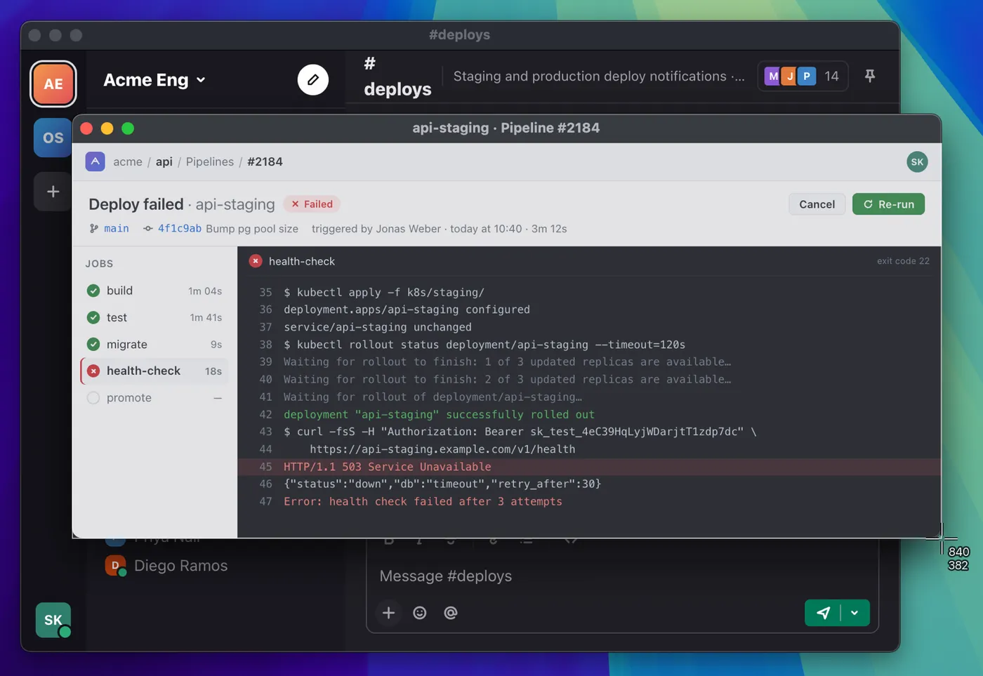 A chat app with a screenshot of a failed deploy alert being taken.