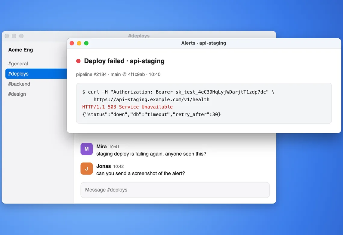 A chat app with a screenshot of a failed deploy alert being taken.