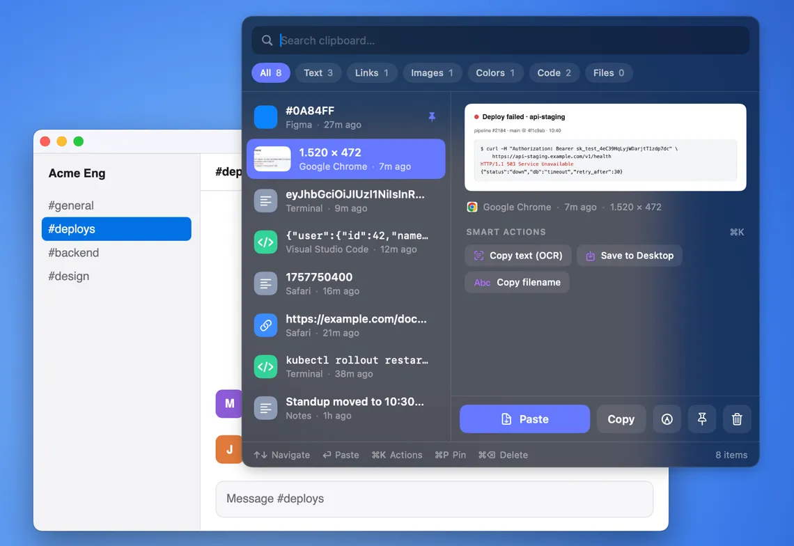 Copyrail's History panel open over the chat app, with the screenshot selected.
