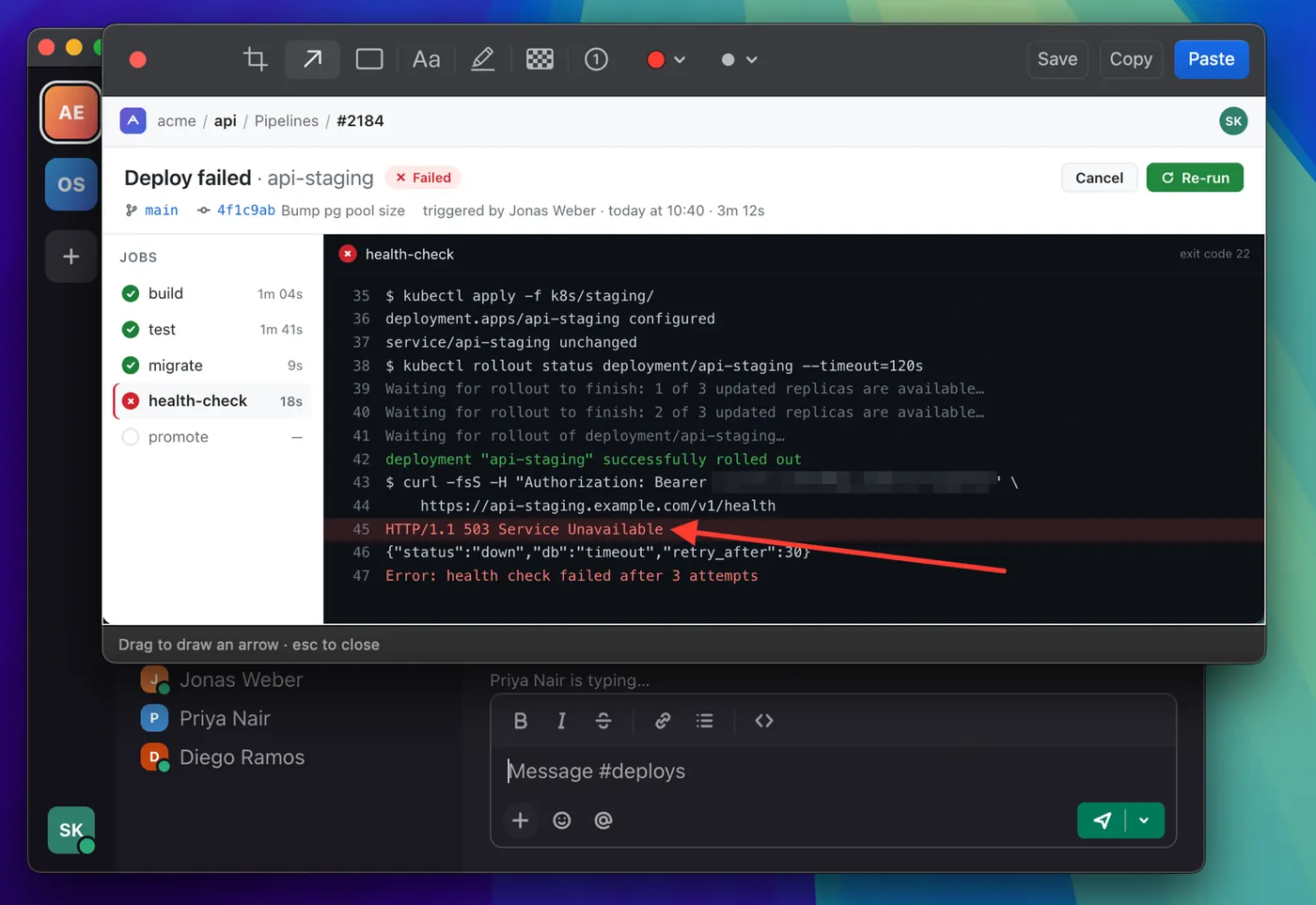The screenshot in Copyrail's Editor, with the API token pixelated and an arrow pointing at the error.
