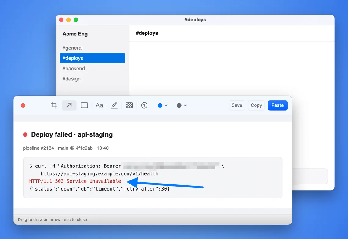 The screenshot in Copyrail's Editor, with the API token pixelated and an arrow pointing at the error.