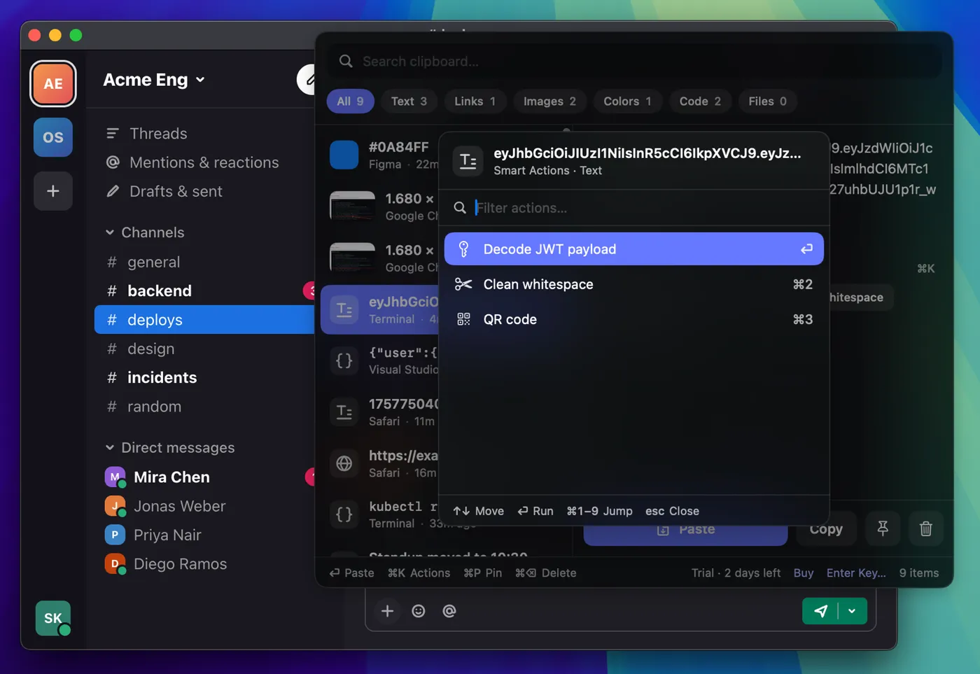 Copyrail's action menu on a copied JWT, offering Decode JWT payload.