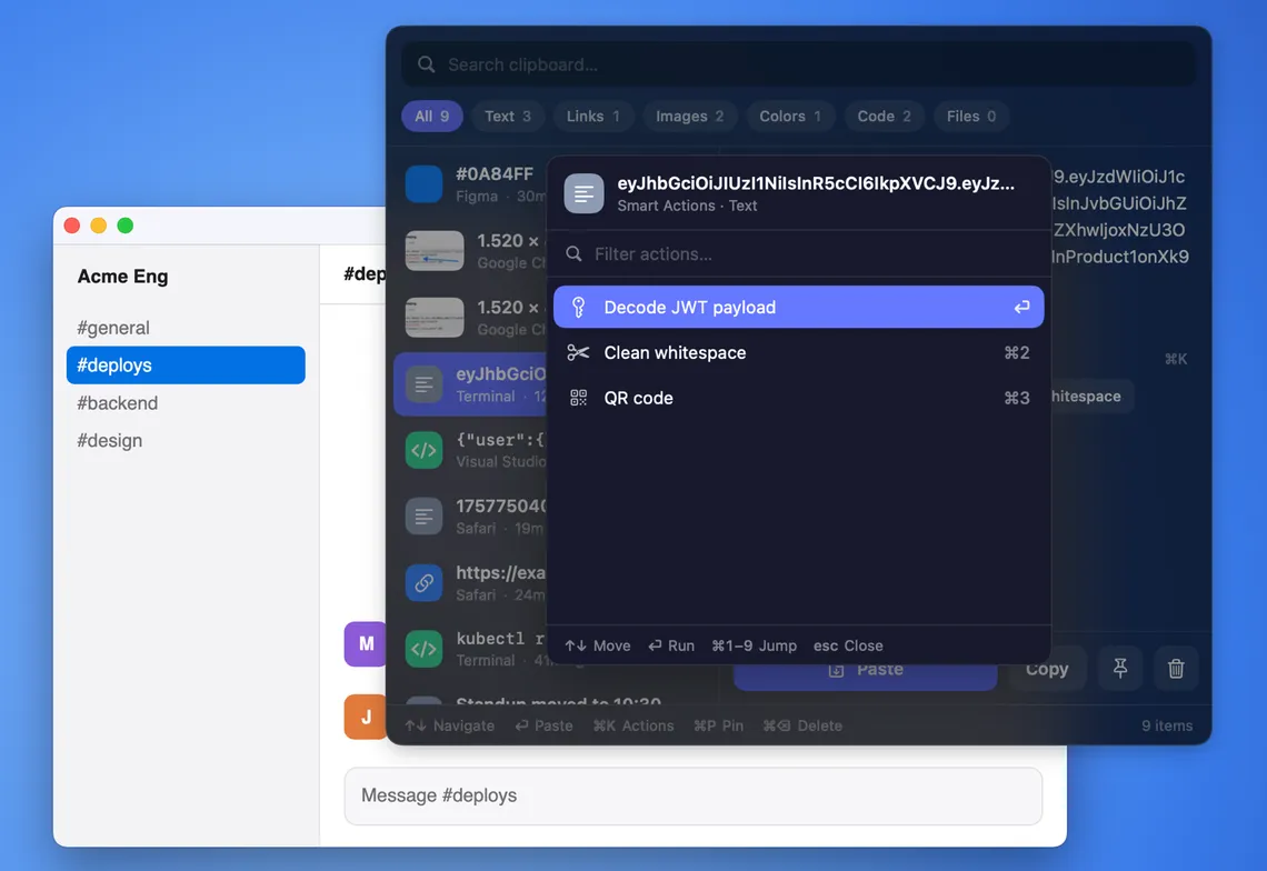 Copyrail's action menu on a copied JWT, offering Decode JWT payload.