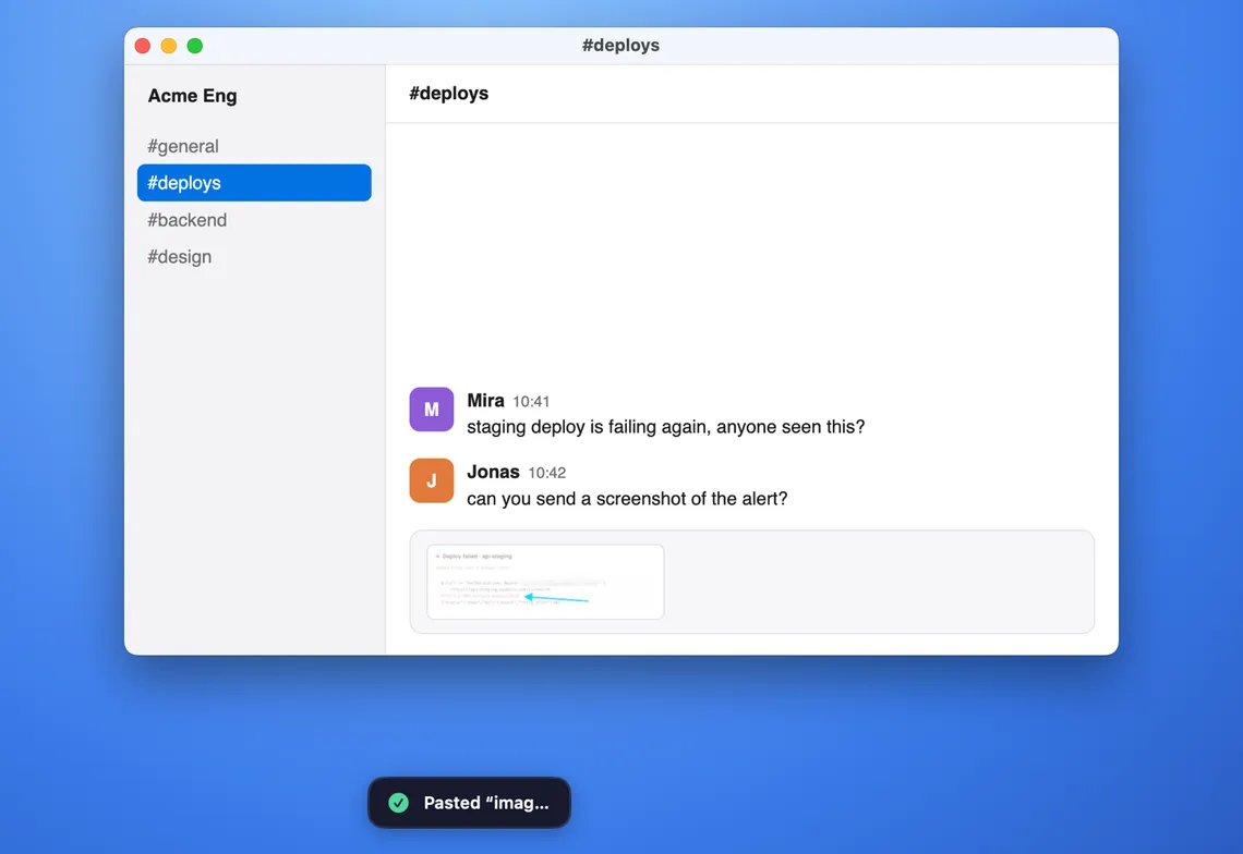 The redacted screenshot pasted into the chat app's message box.